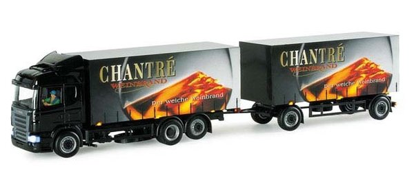 Scania HL Gardinenplanen-Sattelzug "Chantré", mit Beleuchtung und Fahrerfigur